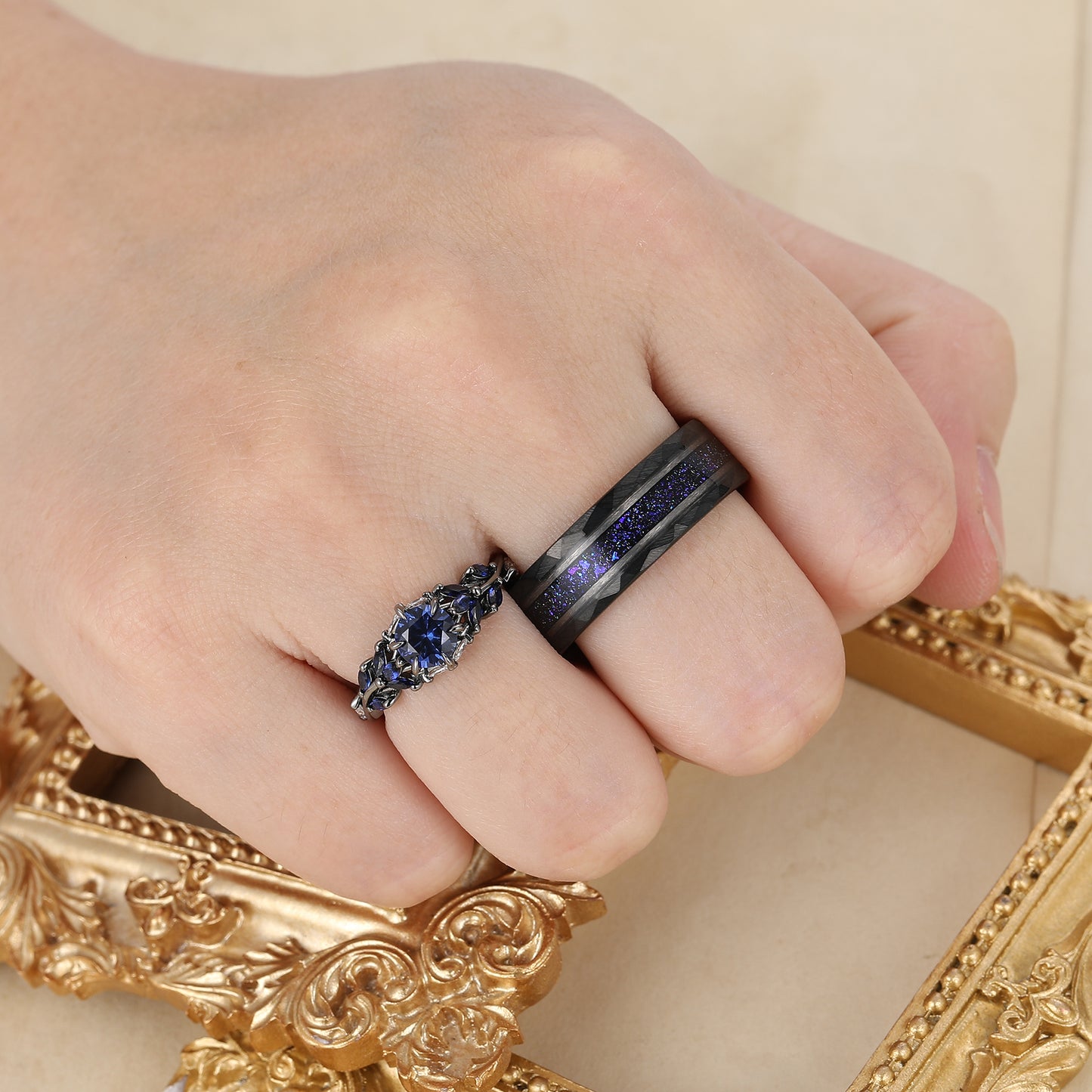Gorgeous Blue Sapphire Stem Couples Ring Modern Blue Tungsten Couple's Set