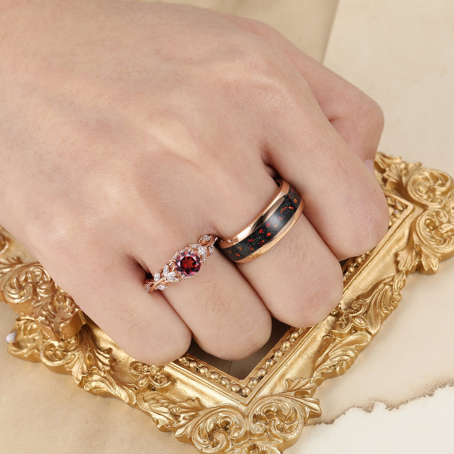 Nature Inspired Branches Red Garnet Couples Ring Red Tungsten Ring For Men Garnet Ring For Her