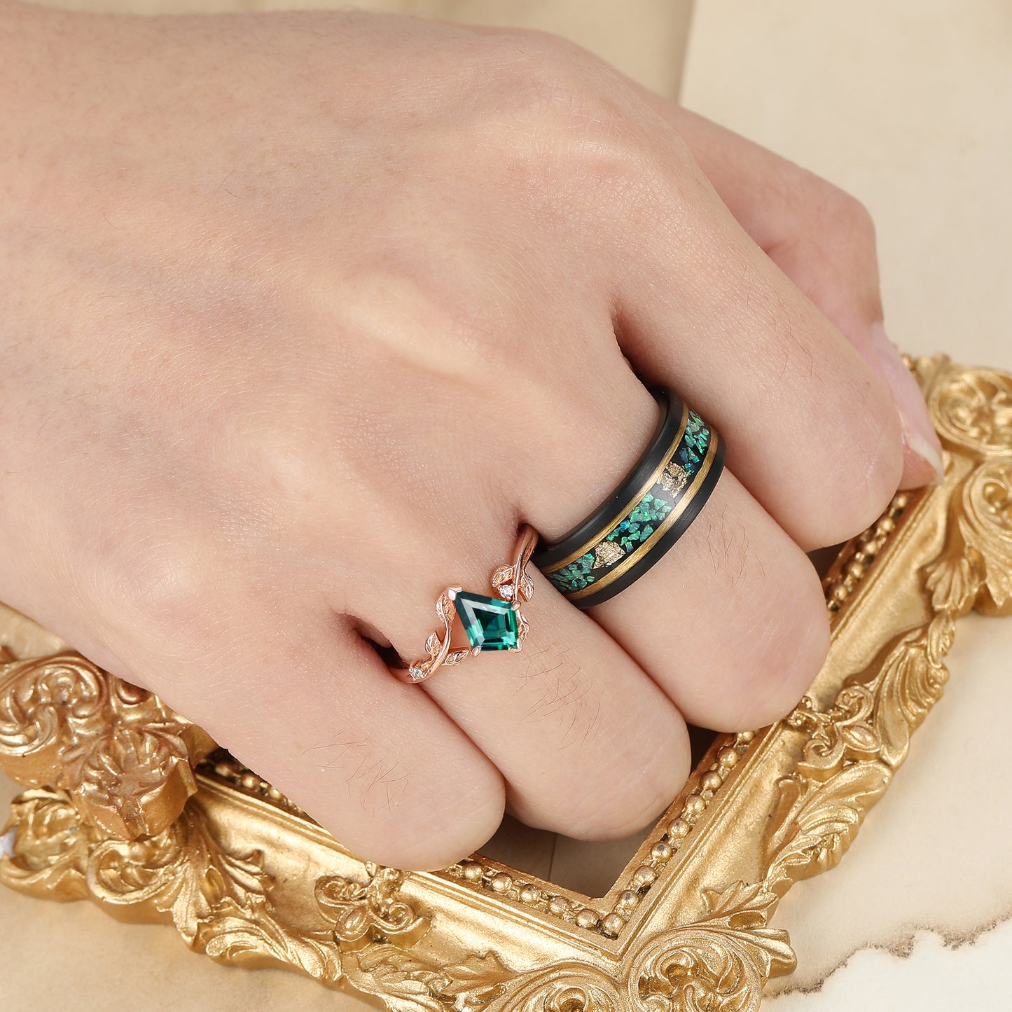 Dainty Kite Cut Emerald His And Hers Rings Green Emerald Leaf Twigs Style Couple Ring