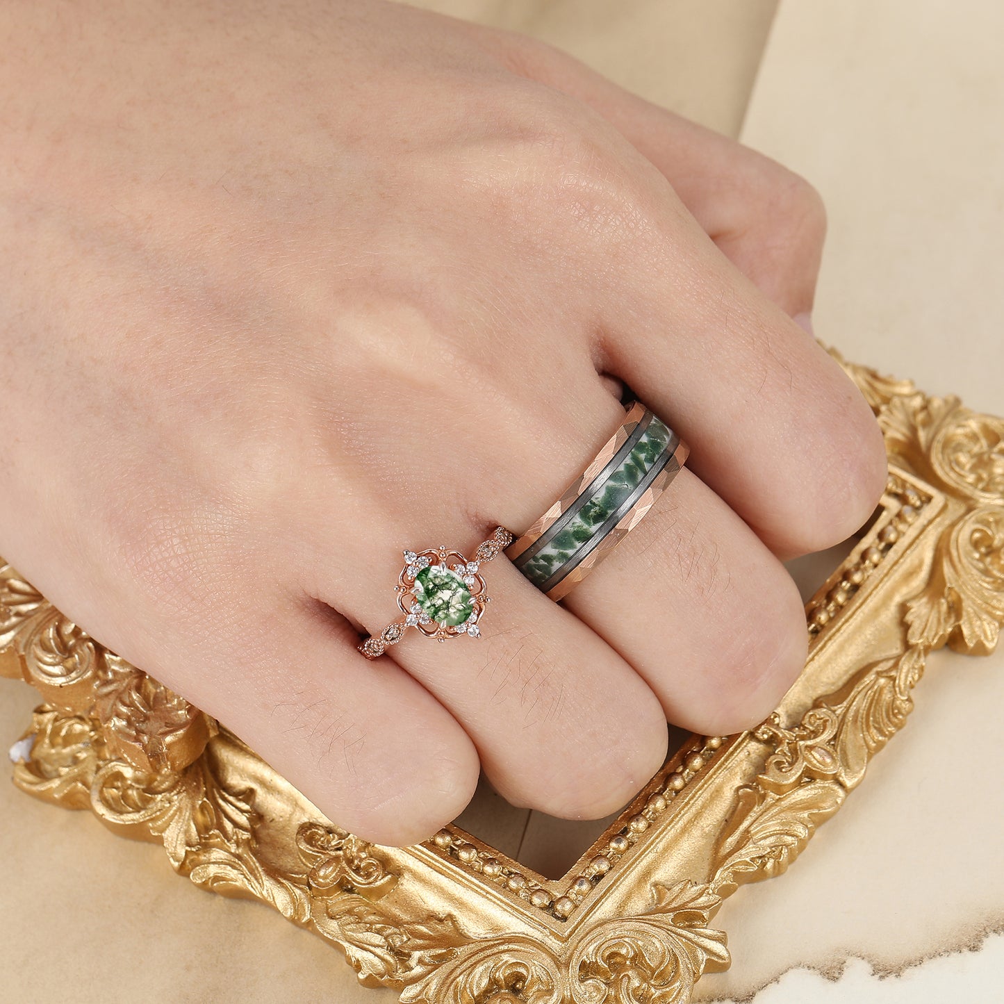 Vintage Natural Moss Agate Milgrained Filigreed Couples Ring Matching Rings Wedding Ring Set