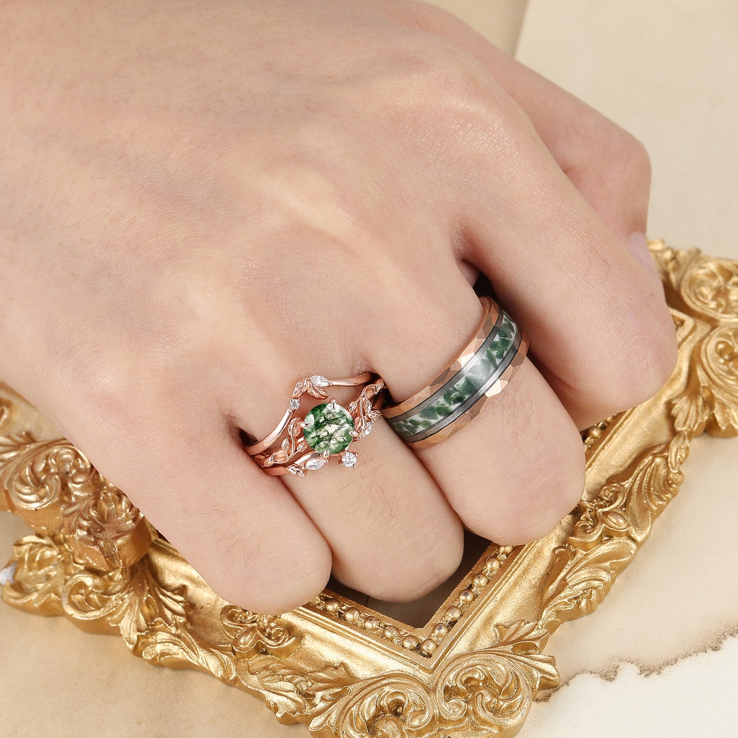 Unique Round Cut Moss Agate Leaf Couples Ring Set 4pcs Moss Agate Band For Men And Women