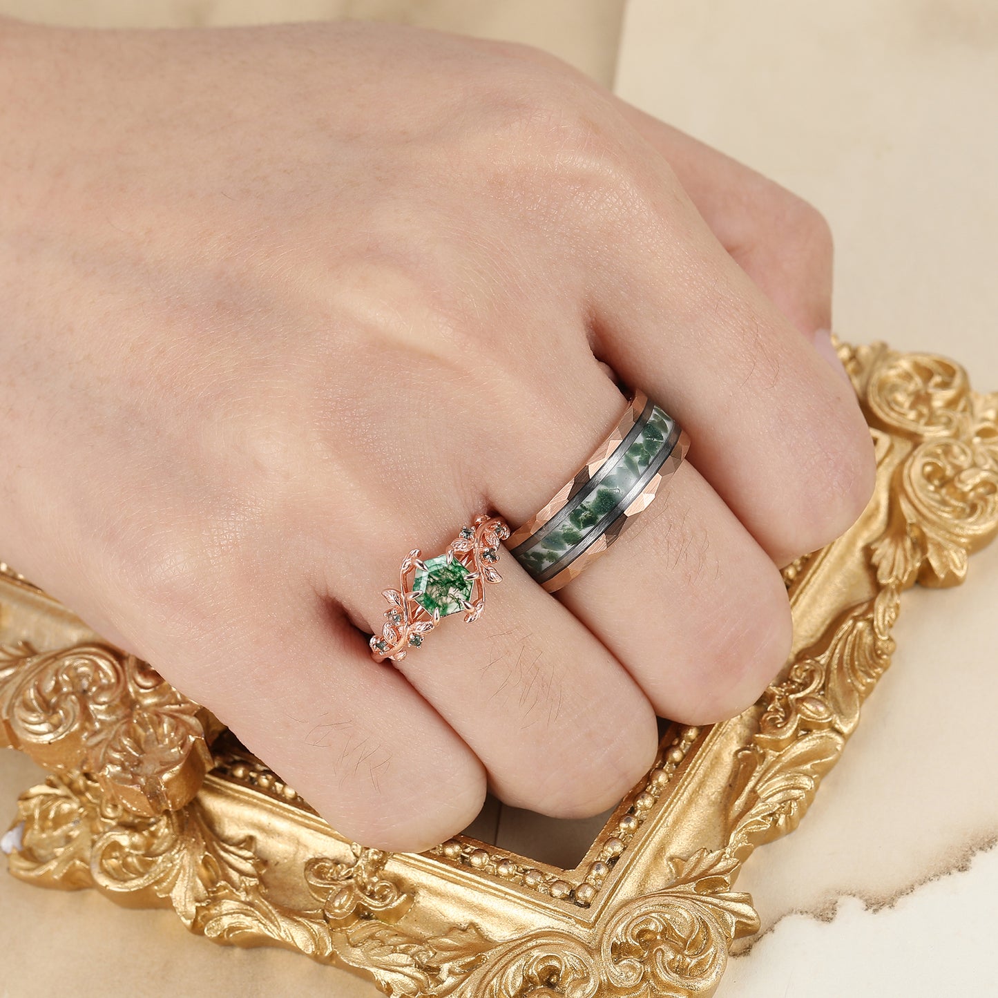 Hexagon Cut Natural Moss Agate Leaf Shape Couple Ring Promise Matching Rings
