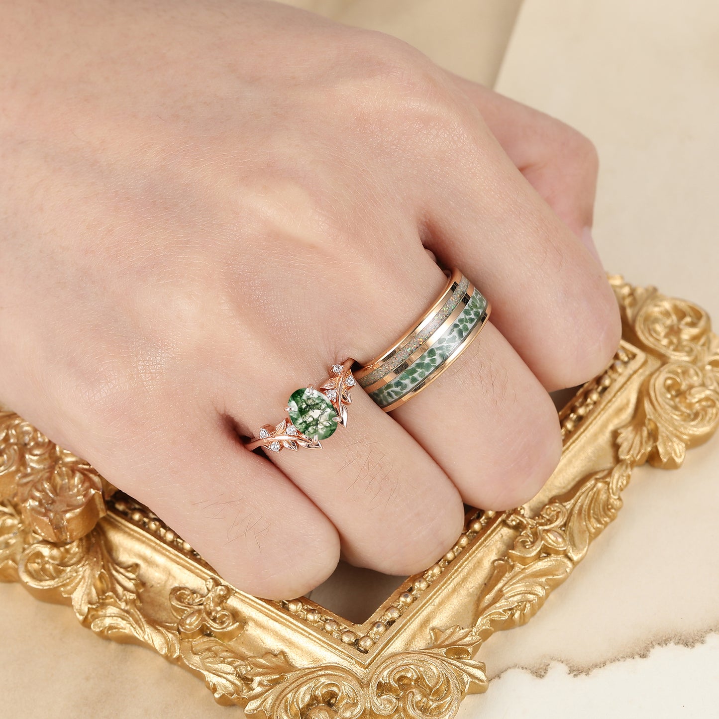 Natural Moss Agate Engraved Leaf Twig Couple Ring Unique Matching Rings Set For Couples