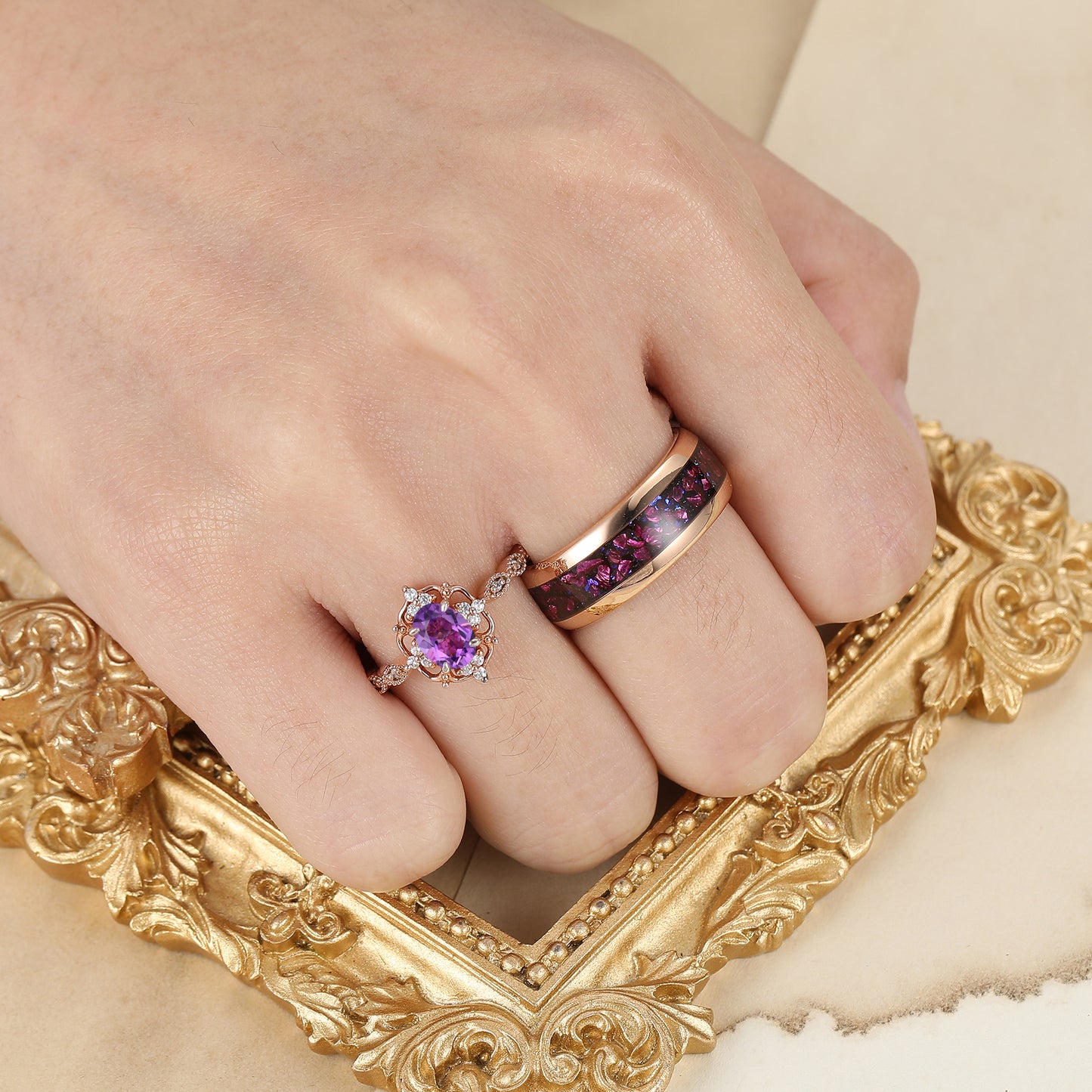 Retro Oval Natural Amethyst Filigreed Couple Ring Set Purple Amethyst Tungsten His And Hers Rings