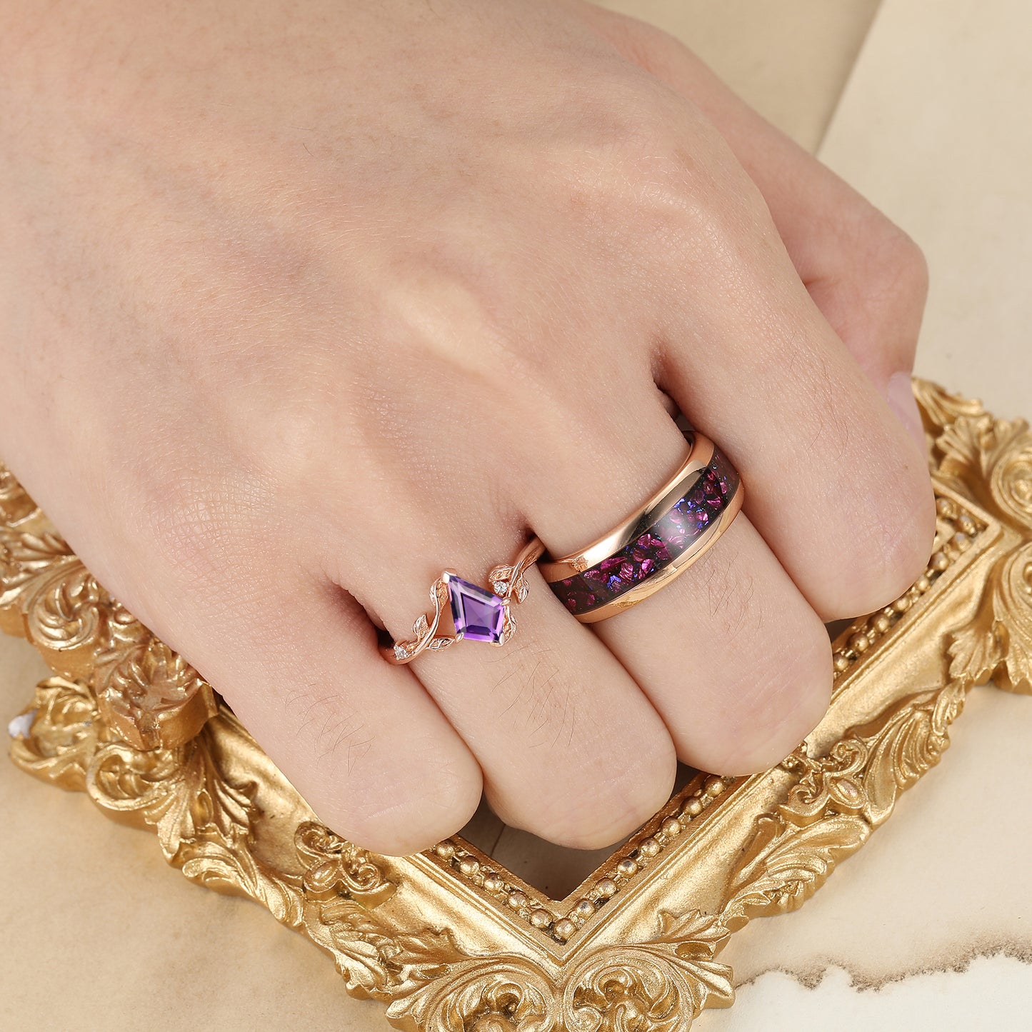 Vintage Kite Cut Amethyst Nature Inspired His And Hers Ring Purple Amethyst Couples Ring