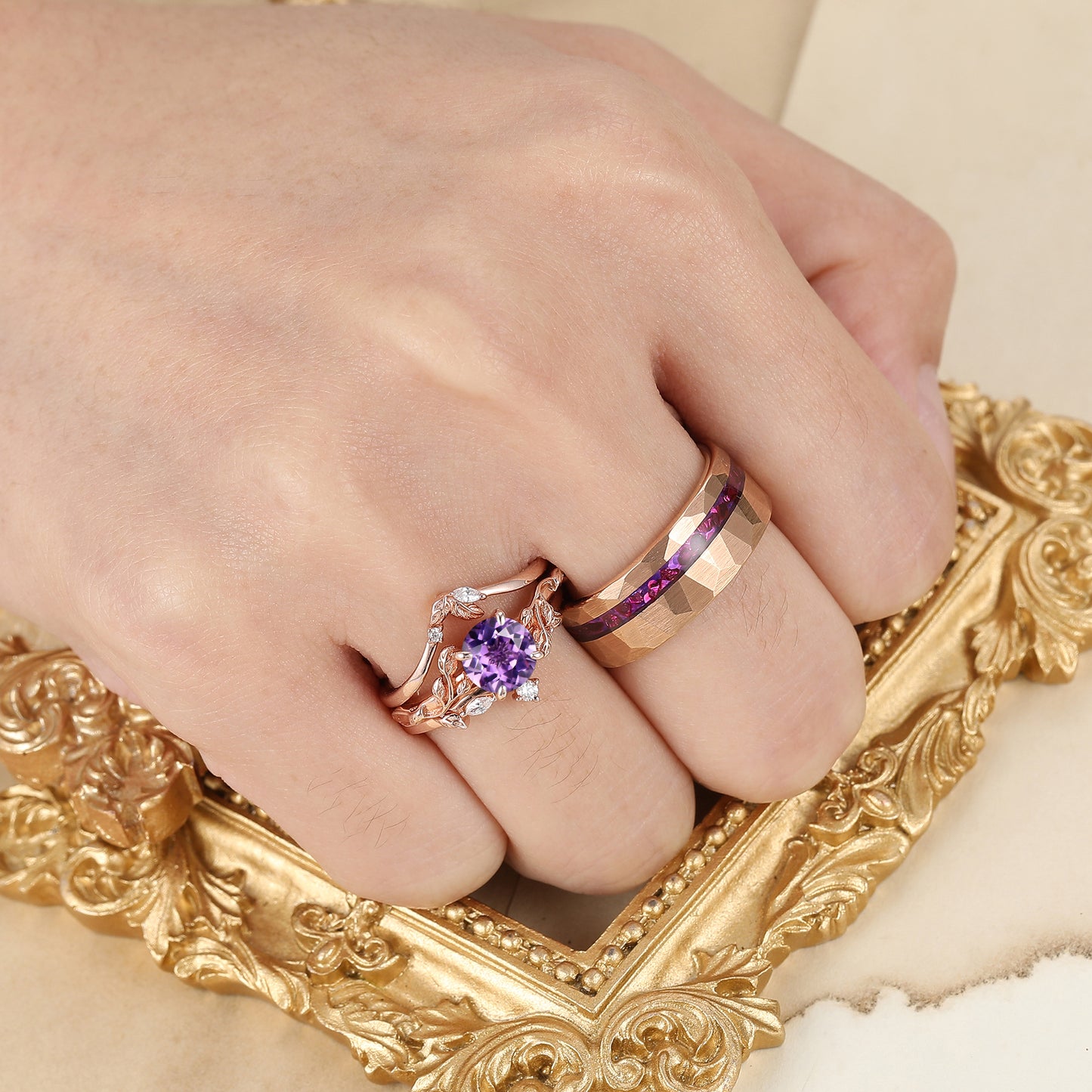 Vine Leaf Design Natural Purple Amethyst Couples Ring S925 And Tungsten His And Hers Rings