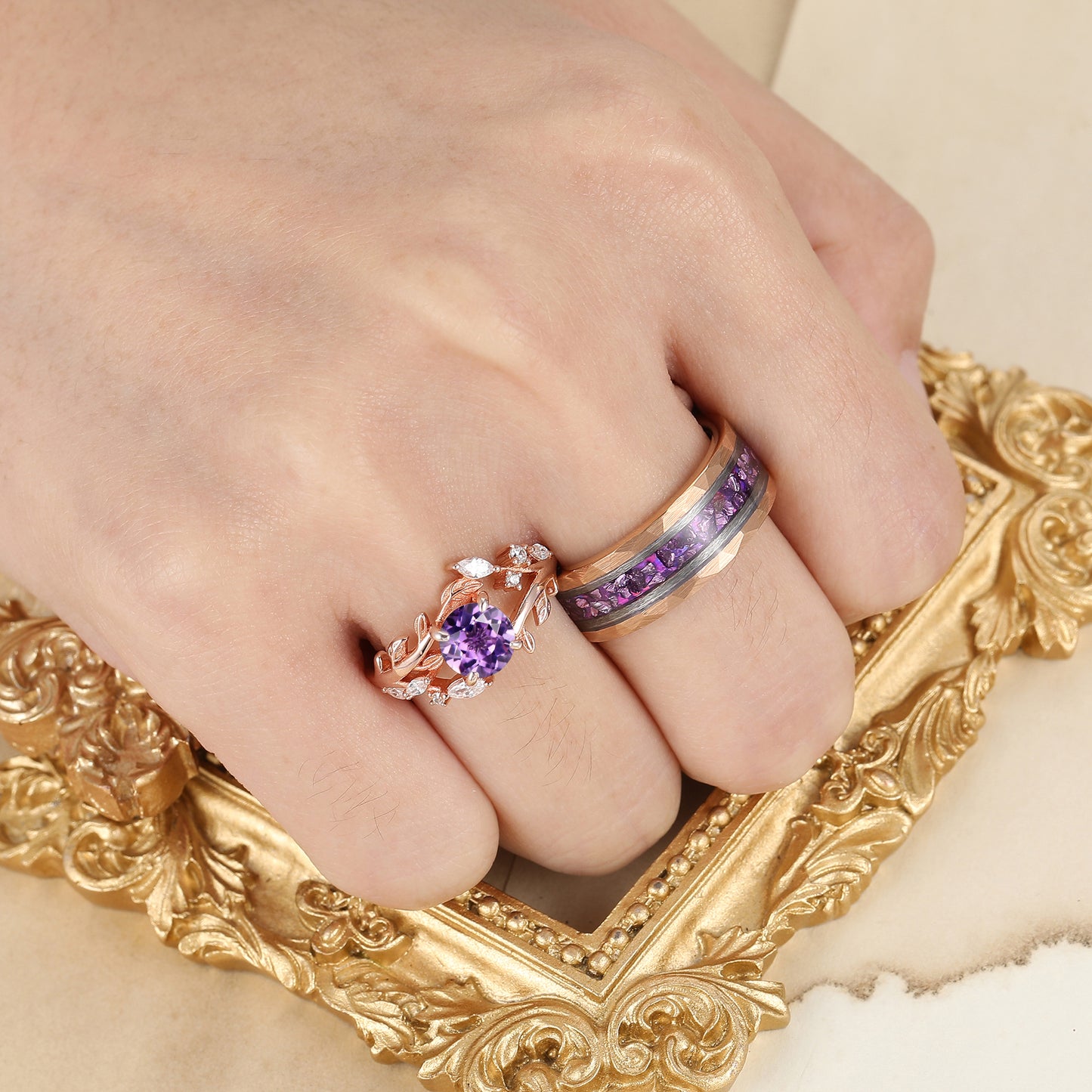 Artsy Purple Amethyst Leaf Floral Couples Ring Set Nature Inspired Matching Rings For Women And Men