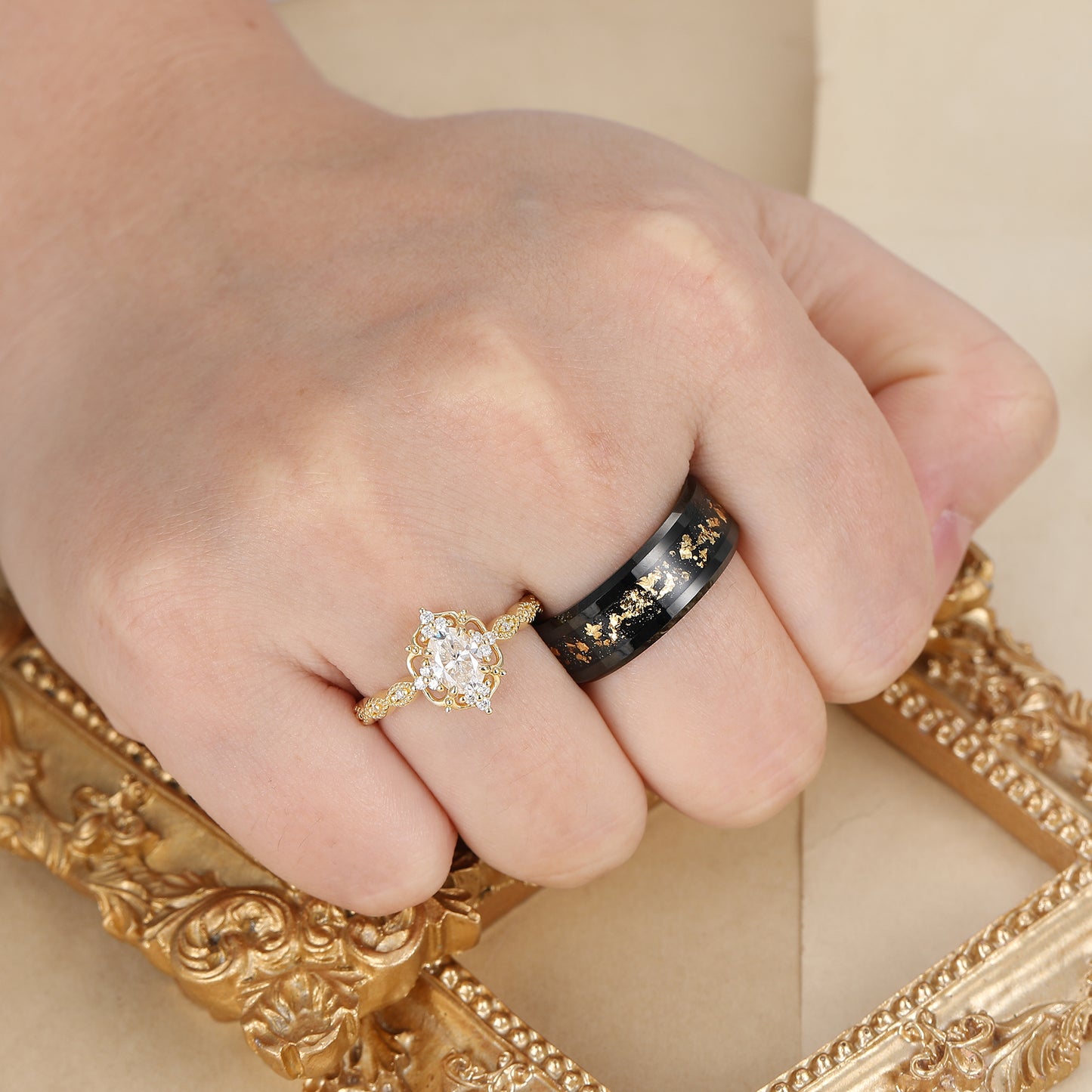 Antique Moissanite Engagement Floral Prongs Couples Ring Set 925 Sterling Silver And Tungsten Ring Set