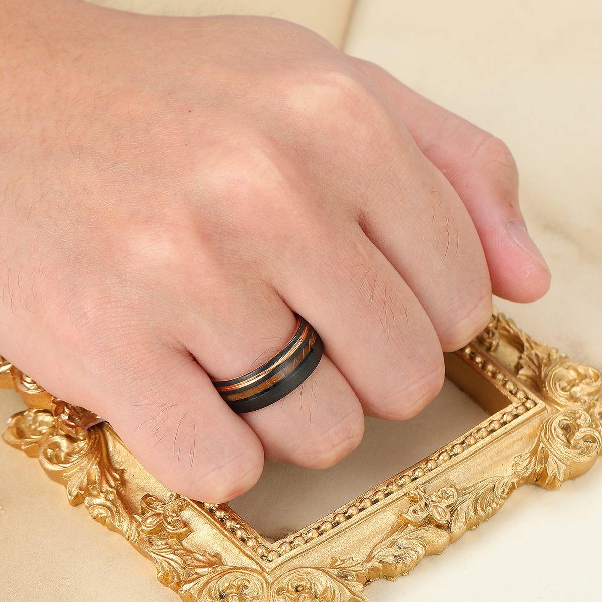 Promise Wooden Tungsten Men's Ring Black And Rose Gold Plated Tungten Wedding Band