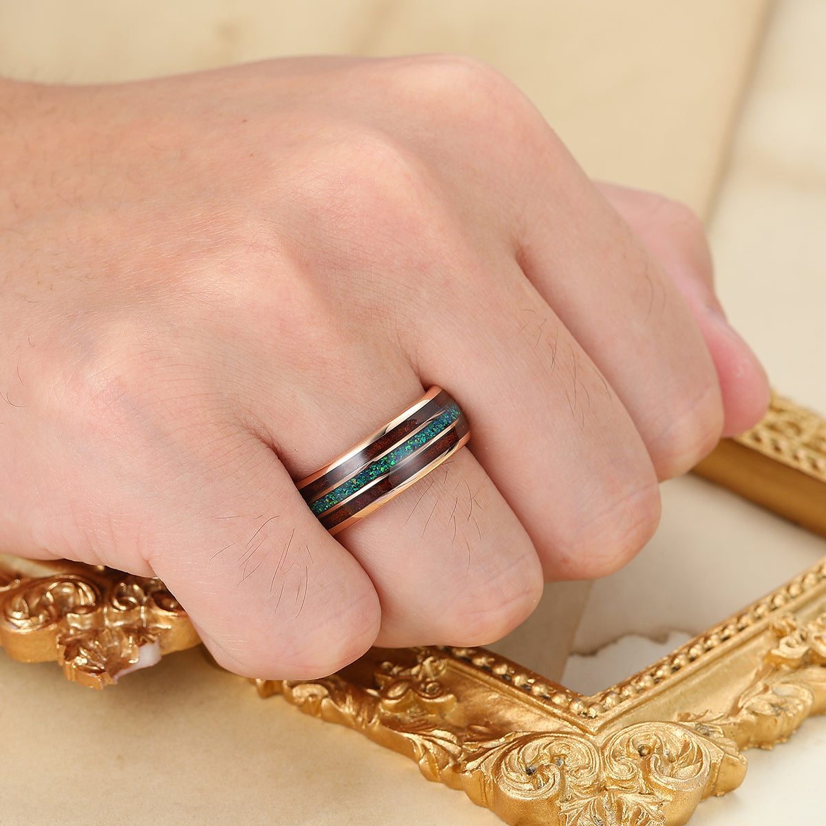 Peacock Blue Opal Wooden Tungsten Wedding Band Rose Gold Men's Tungsten Ring
