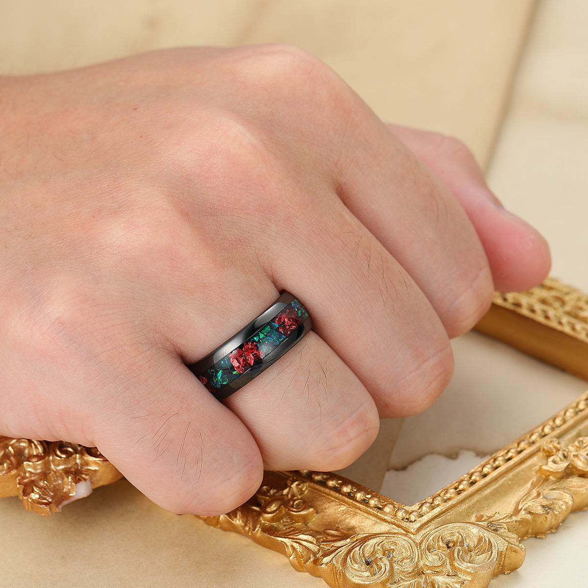 Ruby And Peacock Green Opal Tungsten Ring Polished Dome Black Men's Tungsten Ring