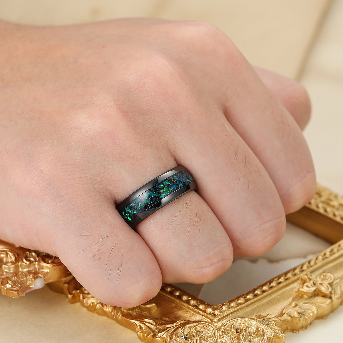 Peacock Green Opal Inlay Tungsten Carbide Ring Black Plated Men's Wedding Band Blue Green Ring