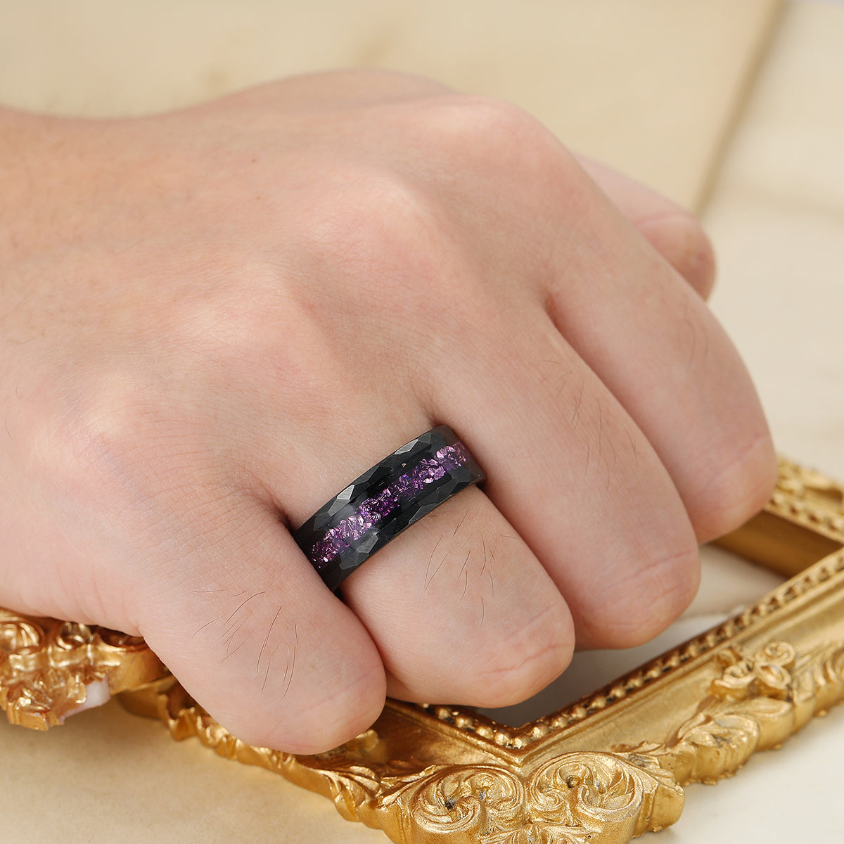 Personalized Purple Amethyst Mens Tungsten Ring 8mm Hammered Black Purple Unisex Ring