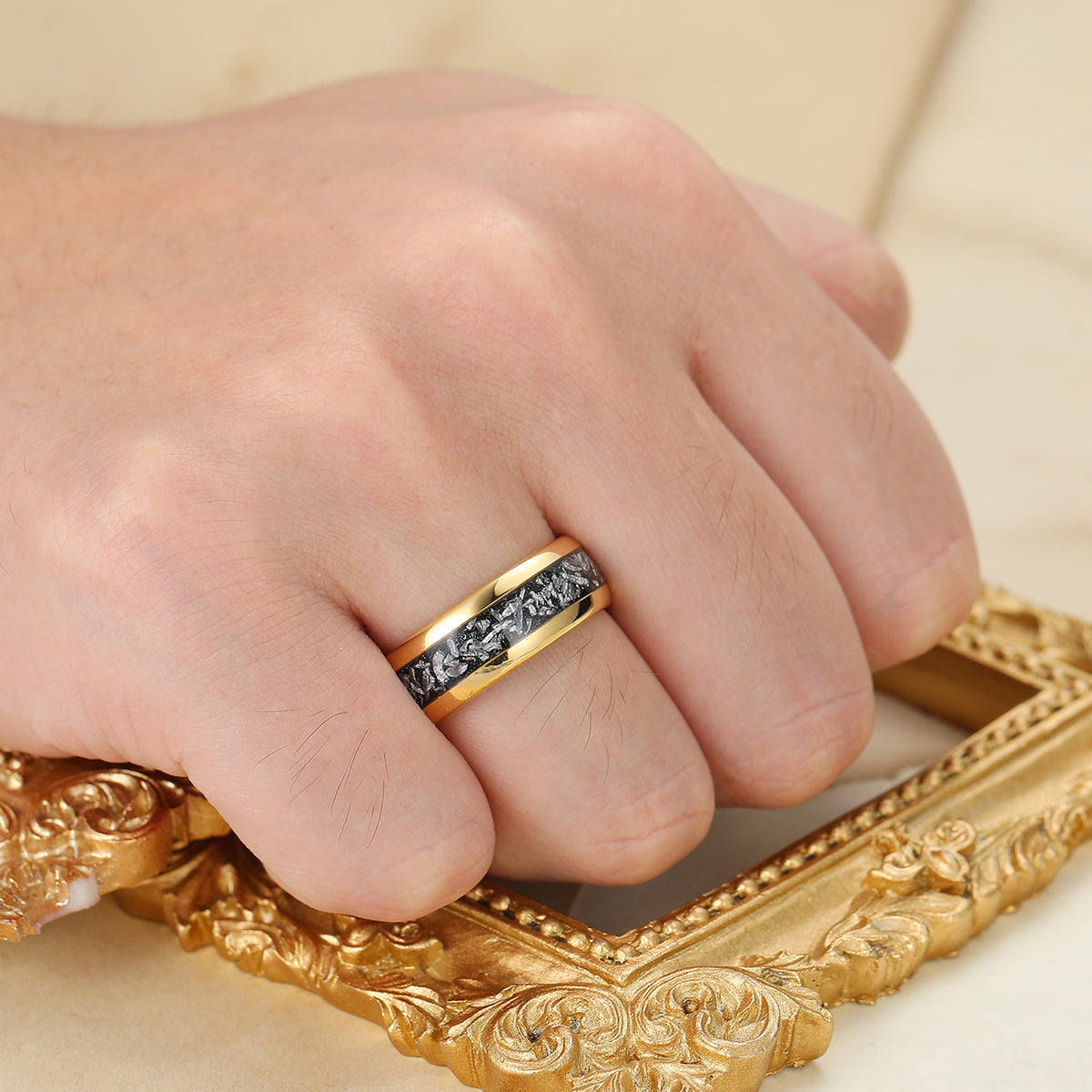 Crushed Black Meteorite Tungsten Comfort Fit Ring Yellow Gold Polished Dome Men's Ring