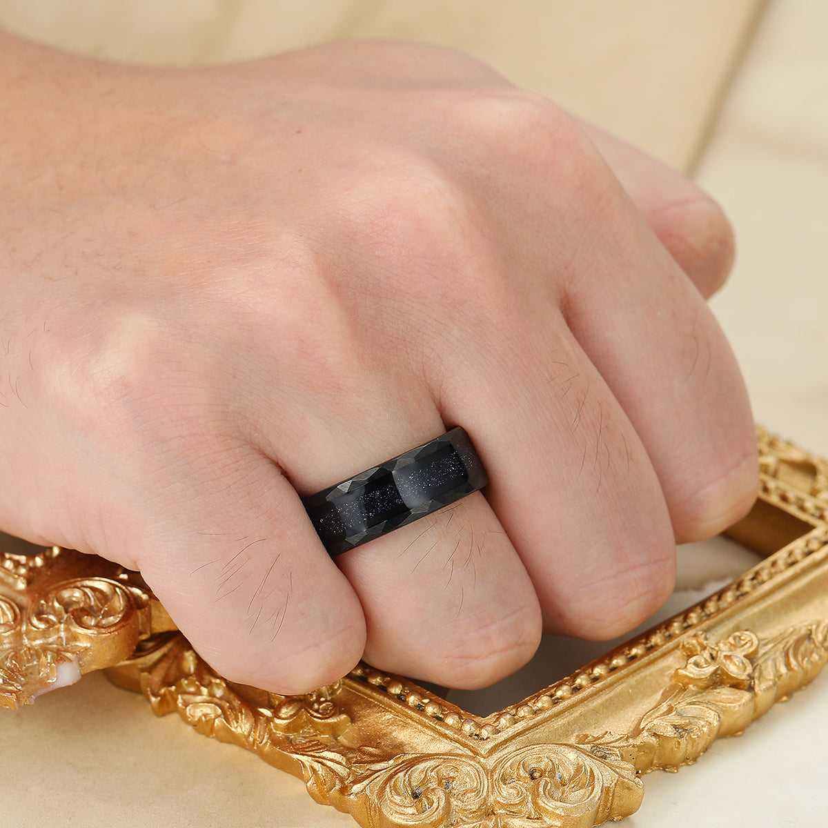 Galaxy Blue Sandstone Mens Tungsten Ring 8mm Starry Black Hammered Wedding Band