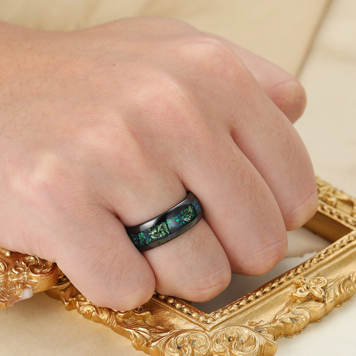Green Emerald Peacock Green Opal Inlay Mens Tungsten Ring 8mm Black Unisex Ring Wedding Band