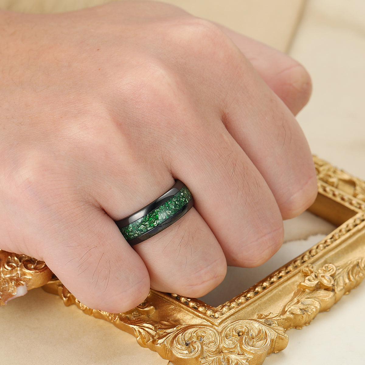 Green Emerald Tungsten Carbide Ring Polished Dome Black Men's Wedding Band 8mm Green Ring