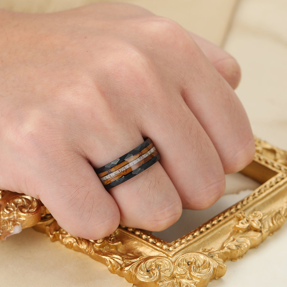 8mm Wood Strips Inlay Tungsten Ring Mens Wooden Wedding Band Hammered Black Ring