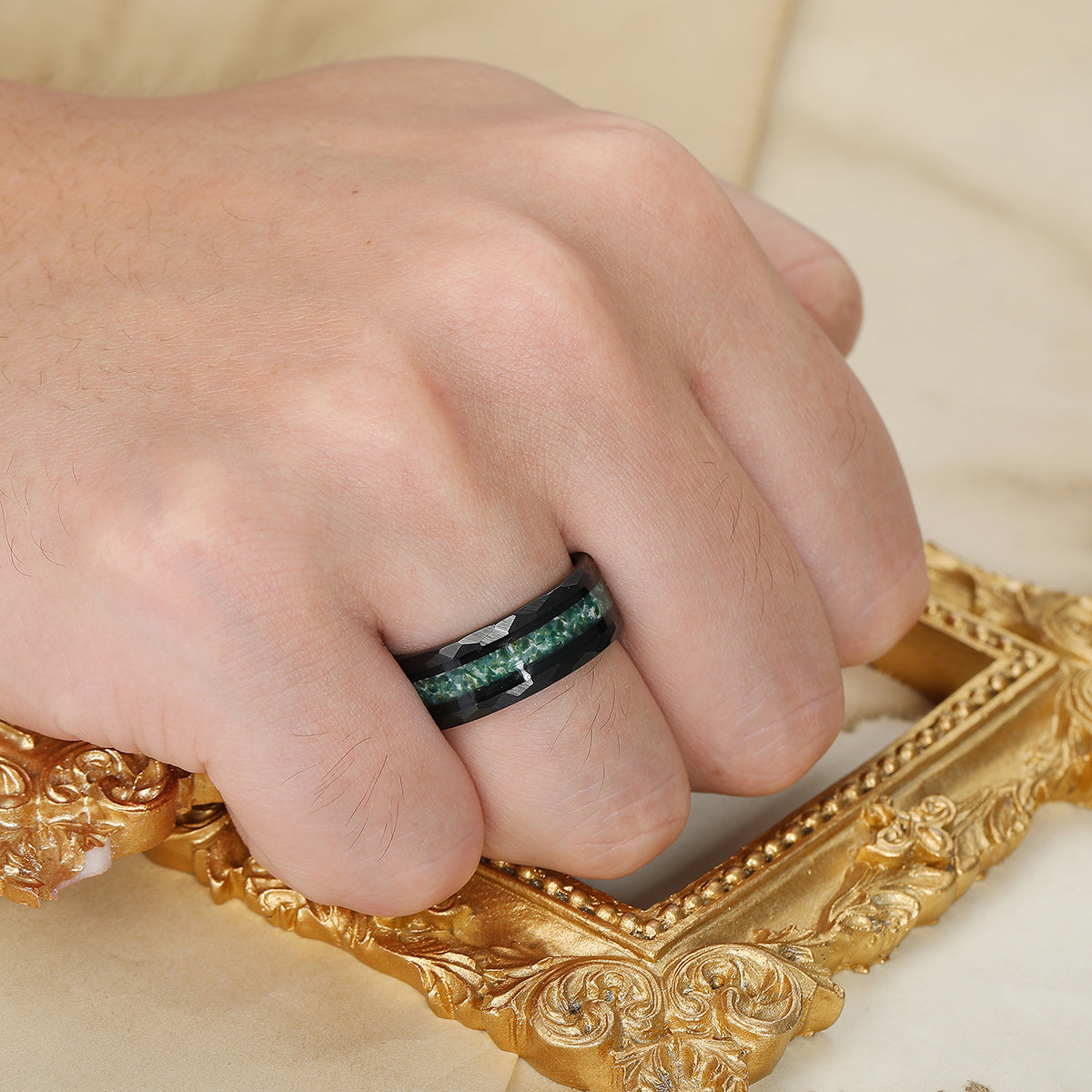 Crushed Moss Agate Tungsten Carbide Wedding Band Men's Green Hammered Black Ring