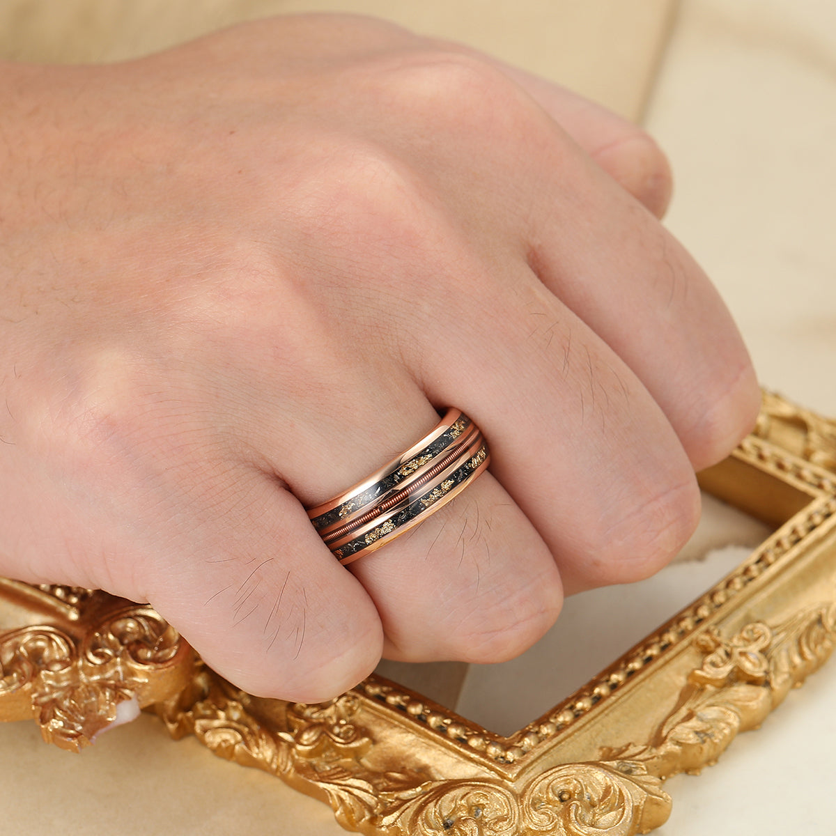 Black Meteorites Gold Foils Men' s Unisex Ring Scratch-Resistan Tungsten Poloshed Dome Ring