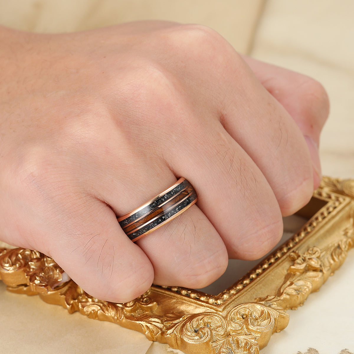 Crushed Black Meteorite and Wood Strips Inlay Tungsten Ring Men's Wedding Band For Him