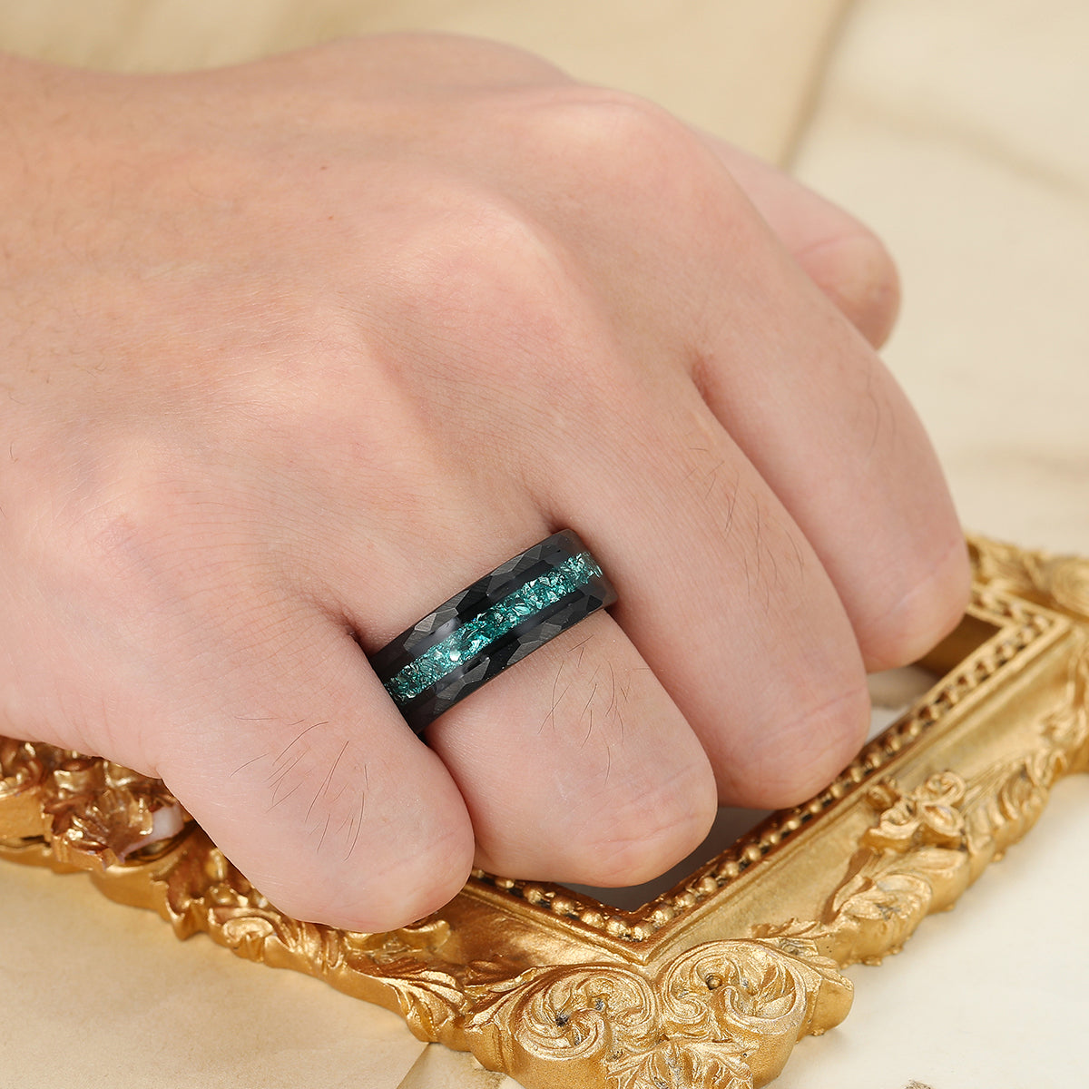 Crushed Blue Aquamarine Hammered Tungsten Ring Comfort Fit Mens Ring Black Tungsten Ring