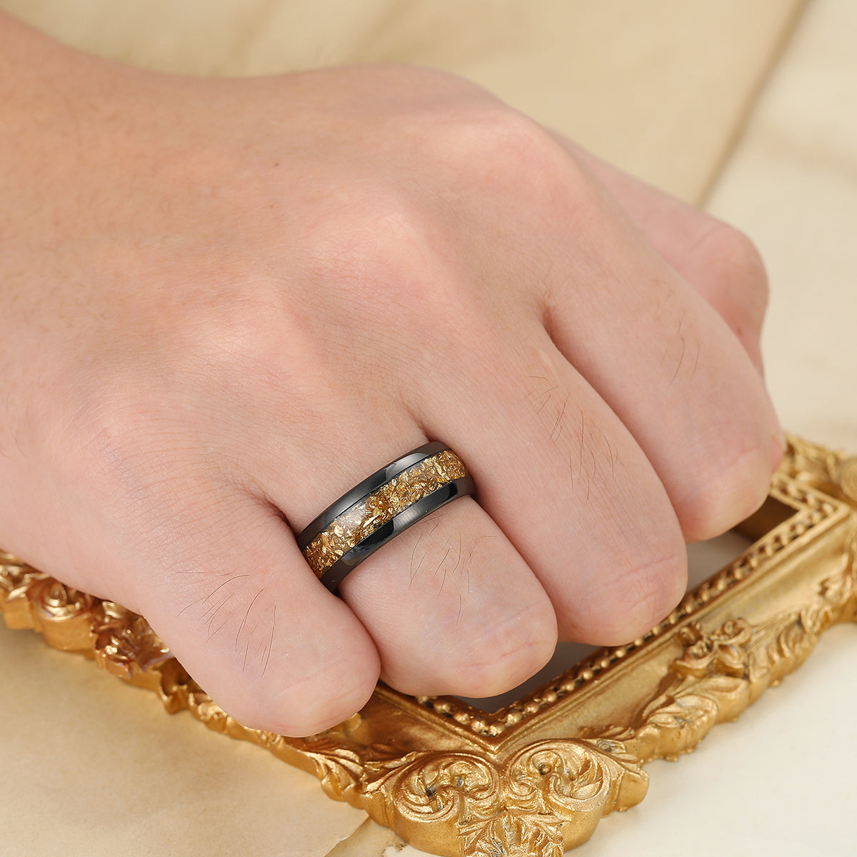 Citrine Inlaid Tungsten Tungsten Ring Yellow Gemstone Mens Ring Black Polished Dome Men's Wedding Band
