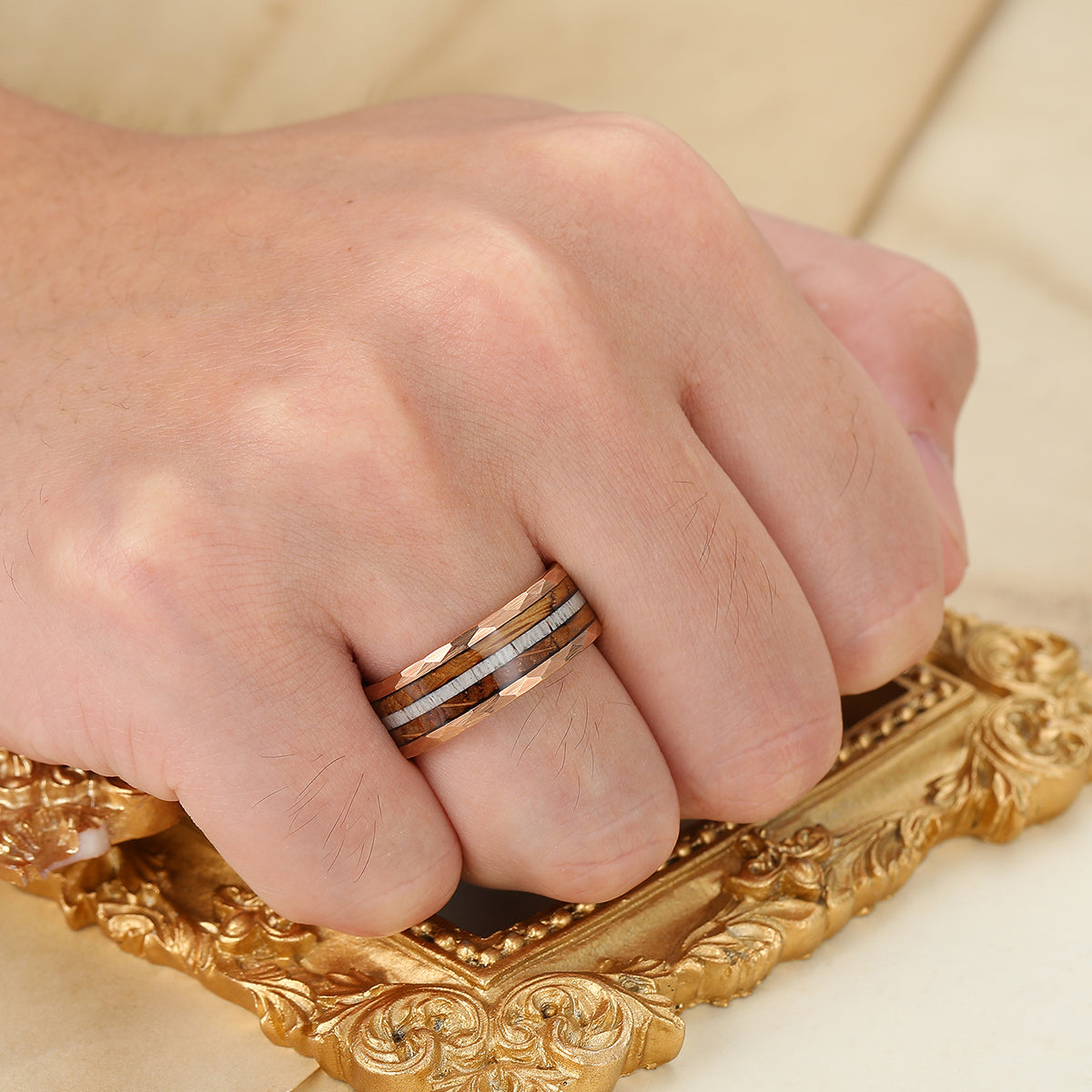 Tactile Wood Strips Tungsten Wedding Band Mens Wooden Promise Ring Hammered Rose Gold Ring