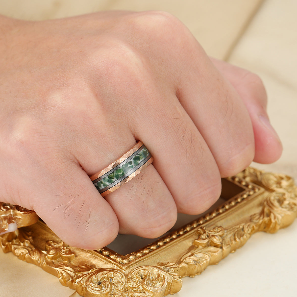 8mm Moss Agate Tungsten Men’ s Band Rose Gold Hammered Ring Green Gemstone Ring