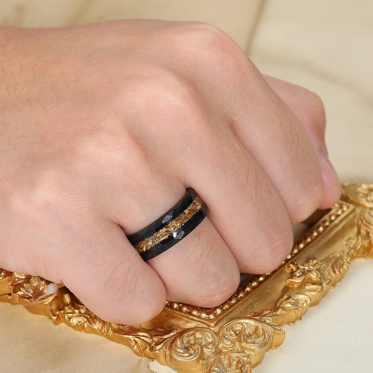 Yellow Citrine Inlaid Tungsten Carbide Wedding Band Black Hammered Mens Promise Ring