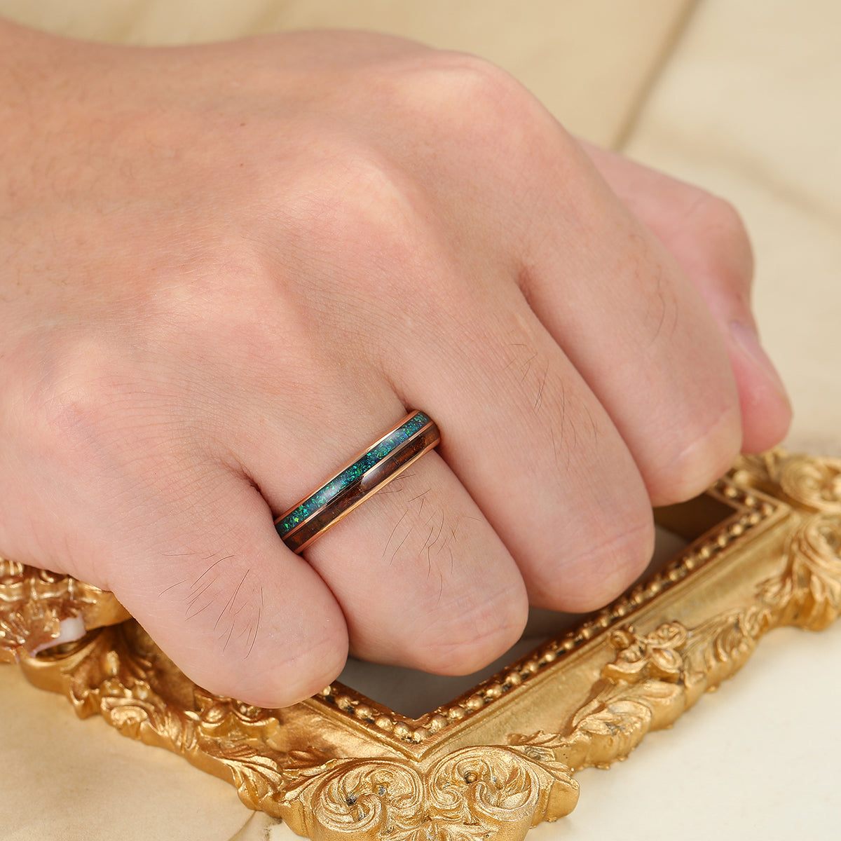 5mm Wooden Peacock Blue Opal Tungsten Band Polished Dome Rose Gold Tungsten Ring