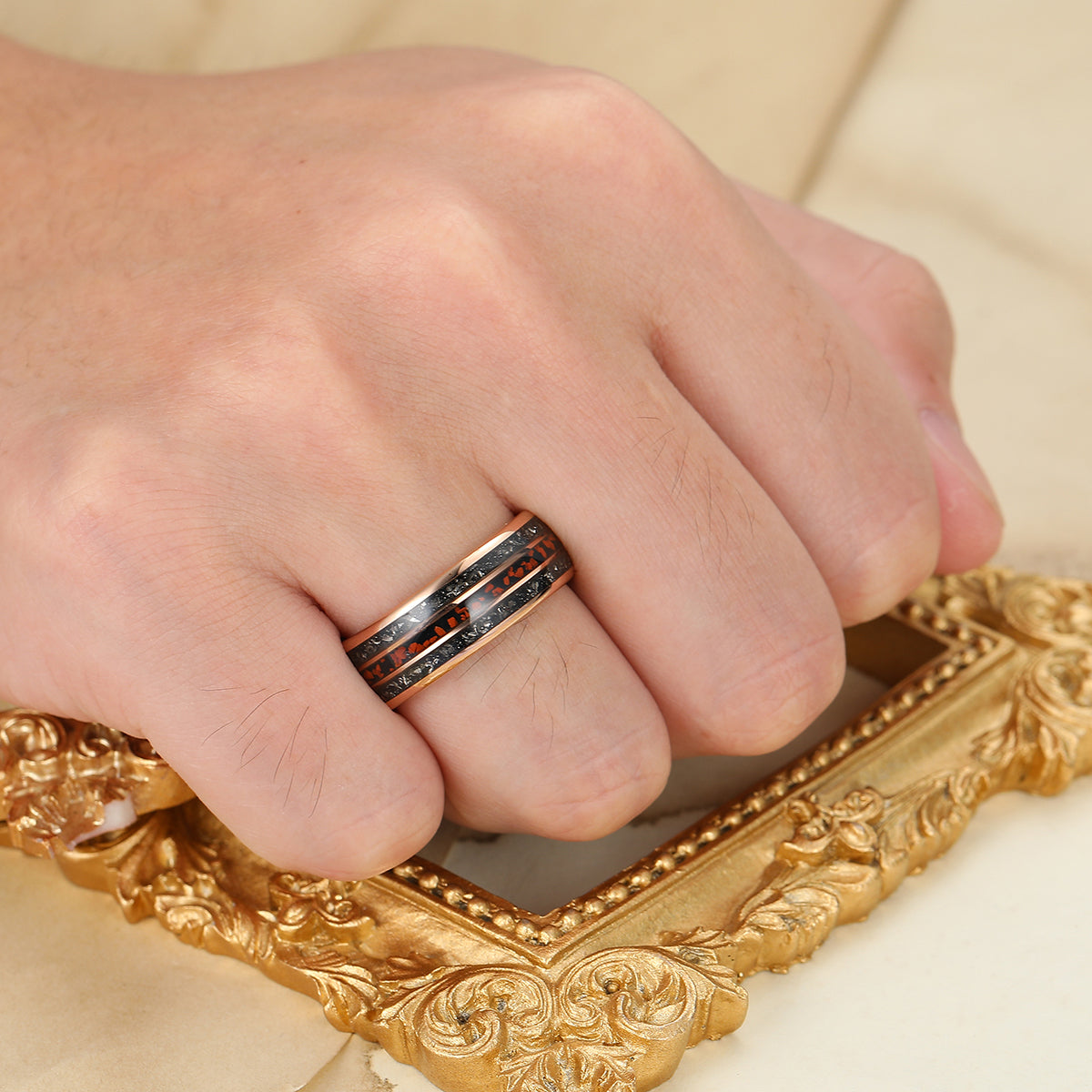 Black Meteorite Crushed Red Stone Tungsten Ring Rose Gold Polished Dome Men's Tungsten Band