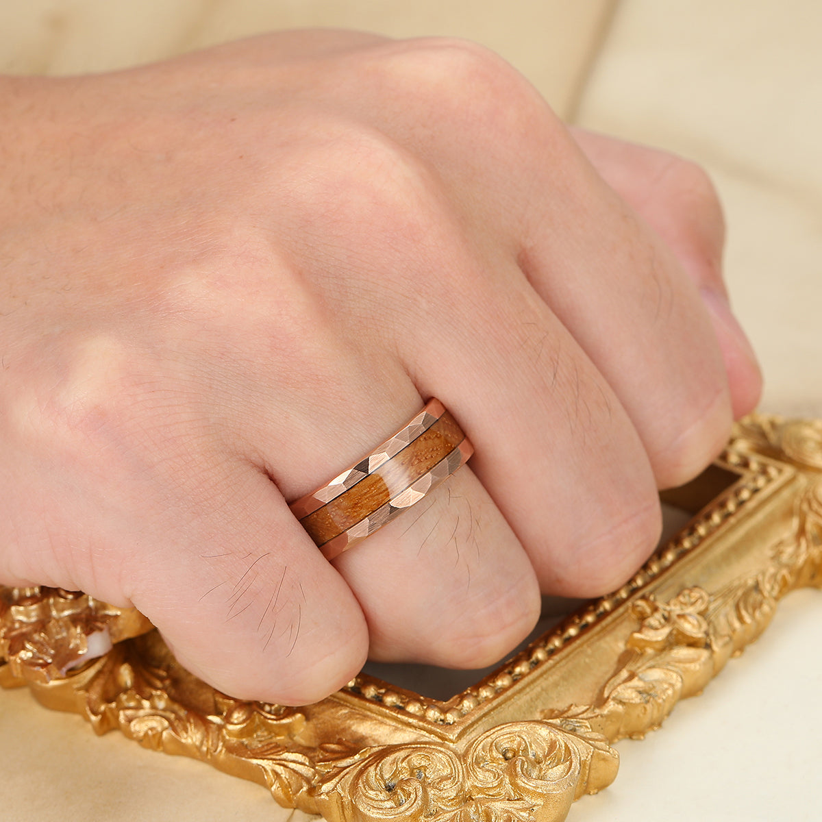 Personalized Wood Inlay Mens Tungsten Wedding Band Rose Gold Wooden Anniversary Unisex Ring