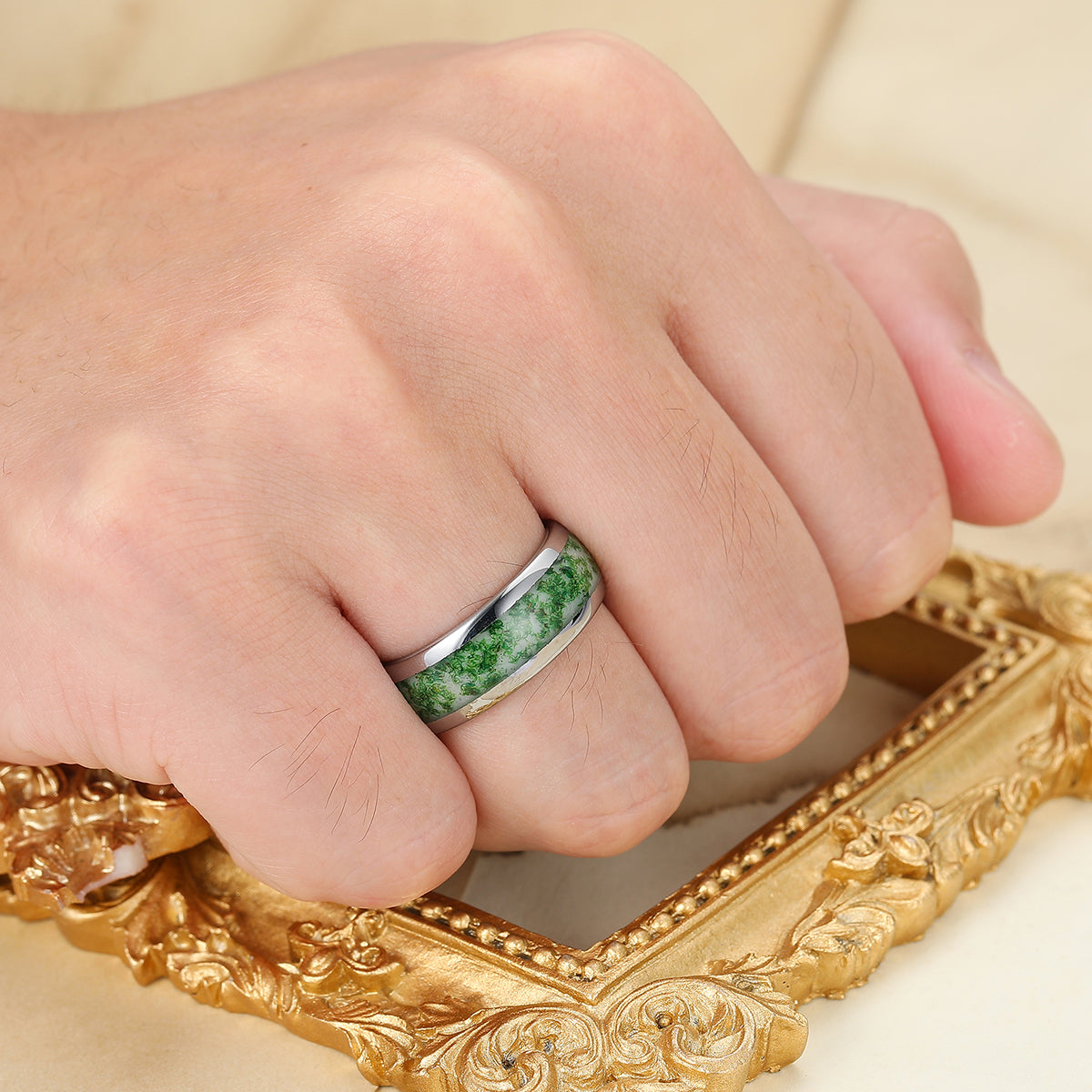 Green Moss Agate Inlaid Men's Tungsten Ring 8mm Wide Silver Plated Tungsten Band