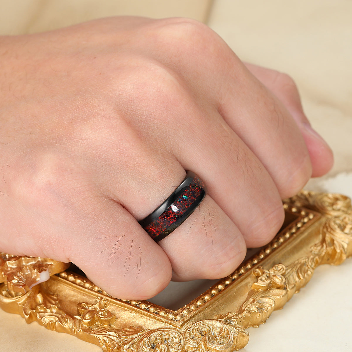 8mm Crushed Red Opal Tungsten Band Black Polished Dome Men's Tungsten Ring