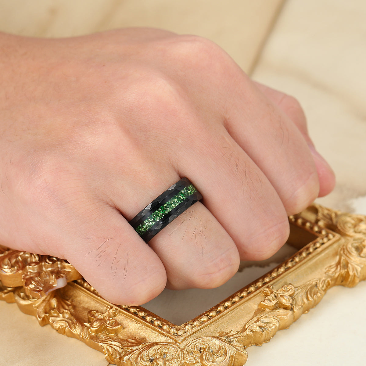 Hammered Emerald Mens Tungsten Band Green Gemstone And Black Tungsten Ring Anniversary Ring