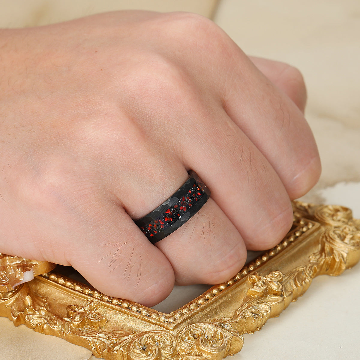 Red Fire Opal Blue Sandstone Inlay Tungsten Ring Black Men's Hammered Tungsten Ring