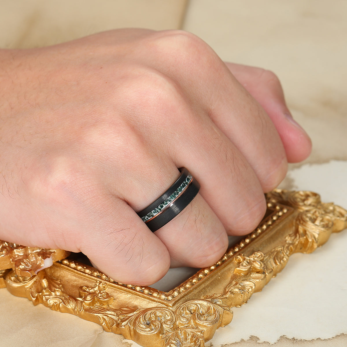 8mm Wide Moss Agate Men' s Tungsten Ring Black Wire Drawed Unisex Tungsten Wedding Band