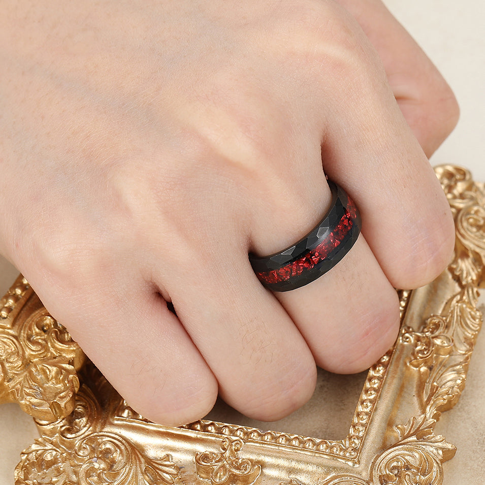 8mm Crushed Ruby Tungsten Wedding Band Red Gemstone Mens Tungsten Ring Black Hammered Promise Ring