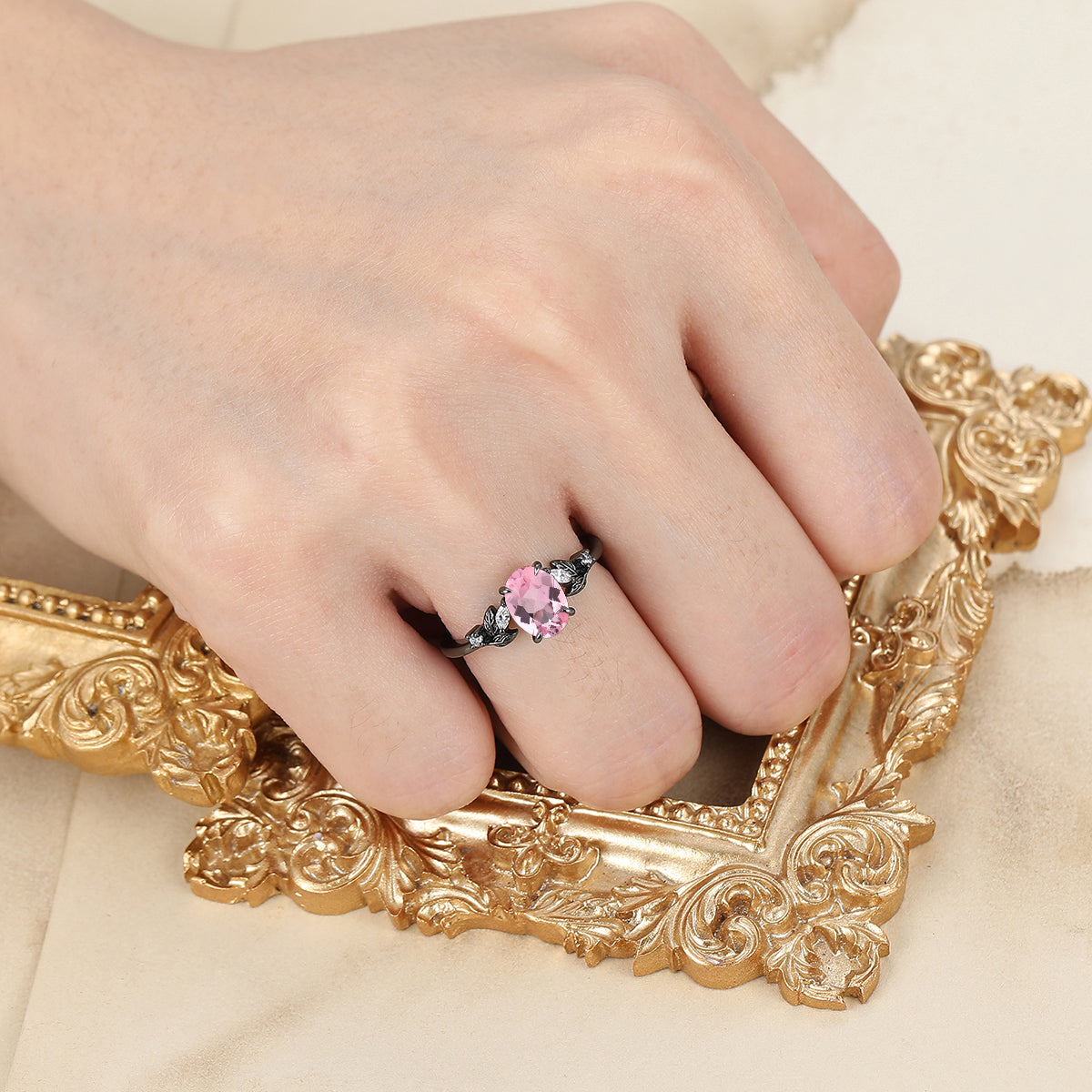 Noble Pink Morganite Leaf Inspired Engagement Ring Art Deco Bridal Anniversary Ring For Women