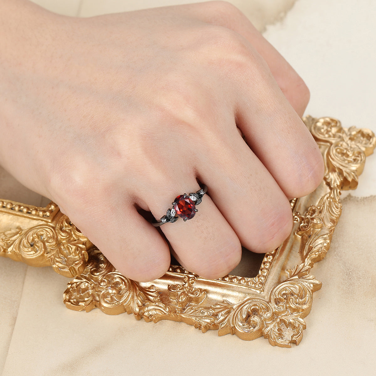 Prongs Setting Oval Nature Red Garnet Engagement Ring Black Plated Leaf Wedding Ring