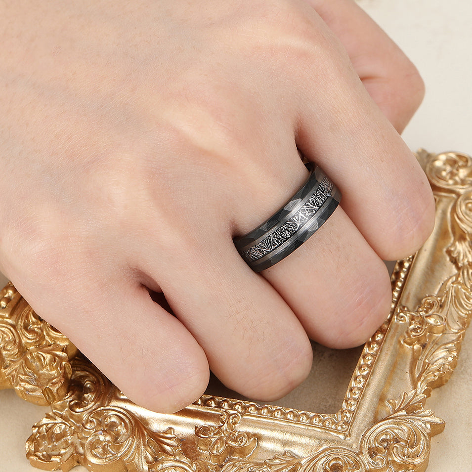 Tungsten Wedding Ring With White Meteorite Inlay Black Ring For Men and Women