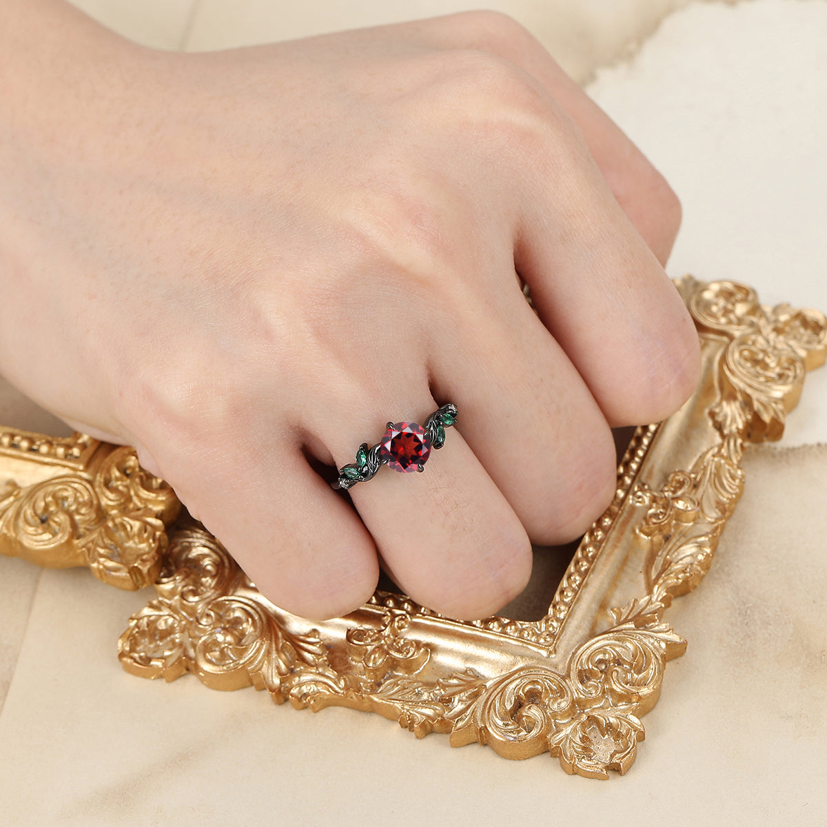 Antique Sprig Red Garnet Engagement Ring Accents Emerald Promise S925 Ring Available in1 0k/14k/18K Gold Wedding Ring