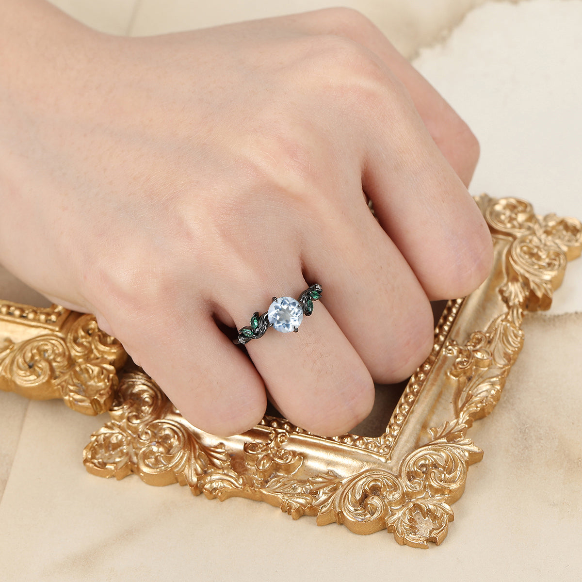 7mm Round Cut Aquamarine Engagement Ring Leaf Design Women Ring Handmade Black Gold Ring