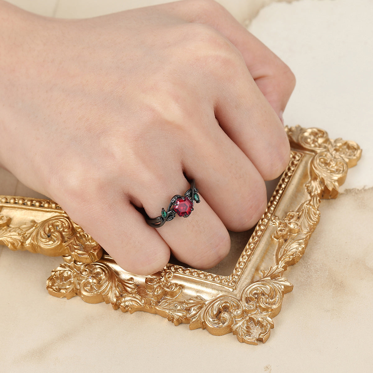 Nature-Inspired Hexagonal Garnet Ring with Twining Vine Design Emerald Inlay Women Ring Wedding Ring