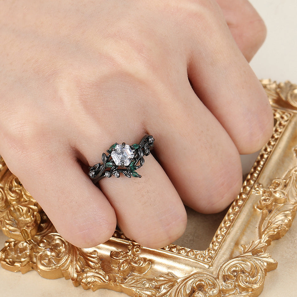 Exquisite Moissanite Sprig Engagement Ring Set Emerald Inlay Bridal Ring Set