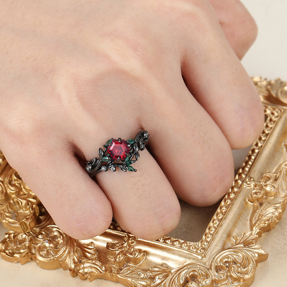 Exquisite Leaf & Vine Hexagon S925 Red Garnet Ring with Mixed Green & White Gem Accents Ring Set Bridal Ring Set