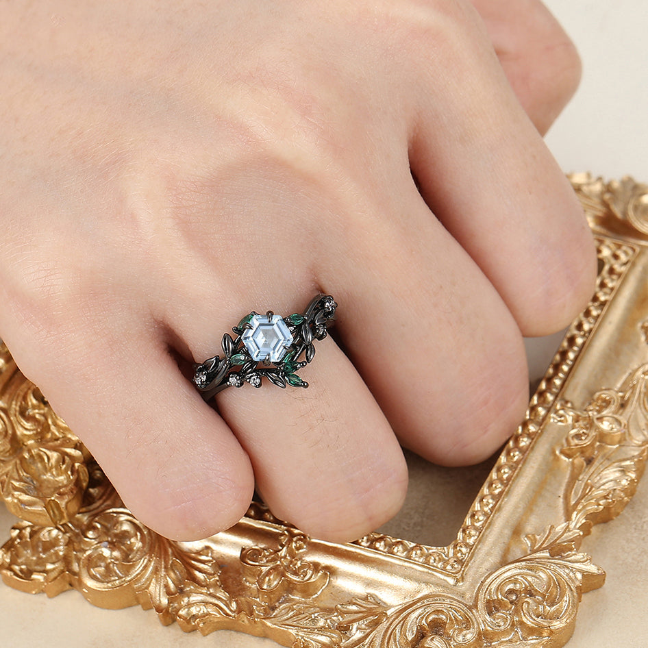Nature Inspired Aquamarine Leaf Engagement Ring Set 2pcs Solid Gold Bridal Ring For Her
