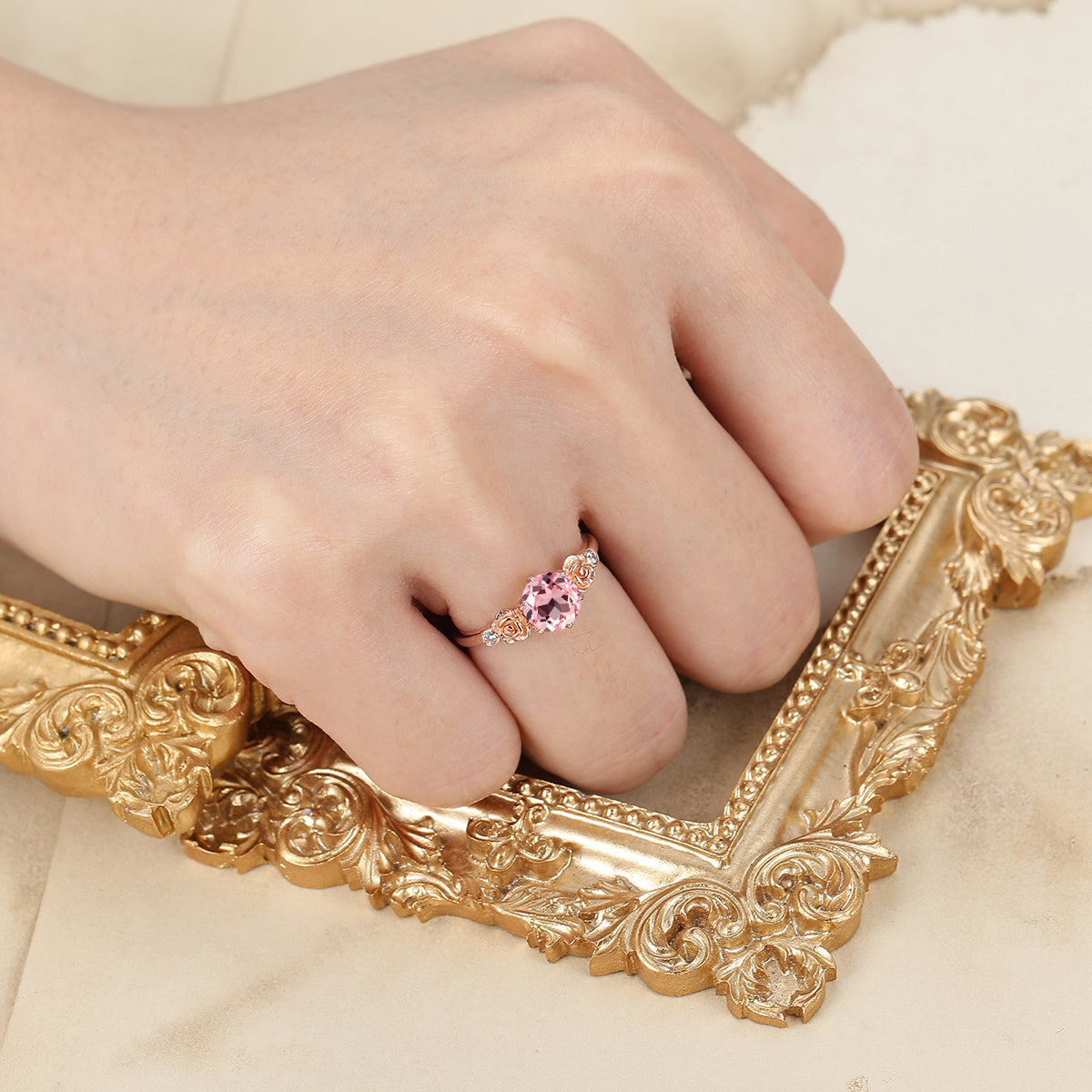 Dainty Round Cut Morganite Engagement Ring Rose Shape Bridal Ring Pink Morganite Women Ring