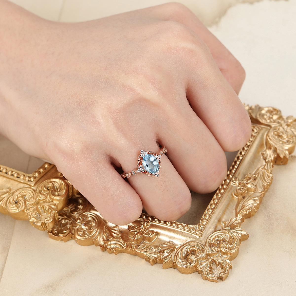 Antique Milgrained Blue Aquamarine Bridal Ring 14K Solid Gold Handmade Engagement Women Ring